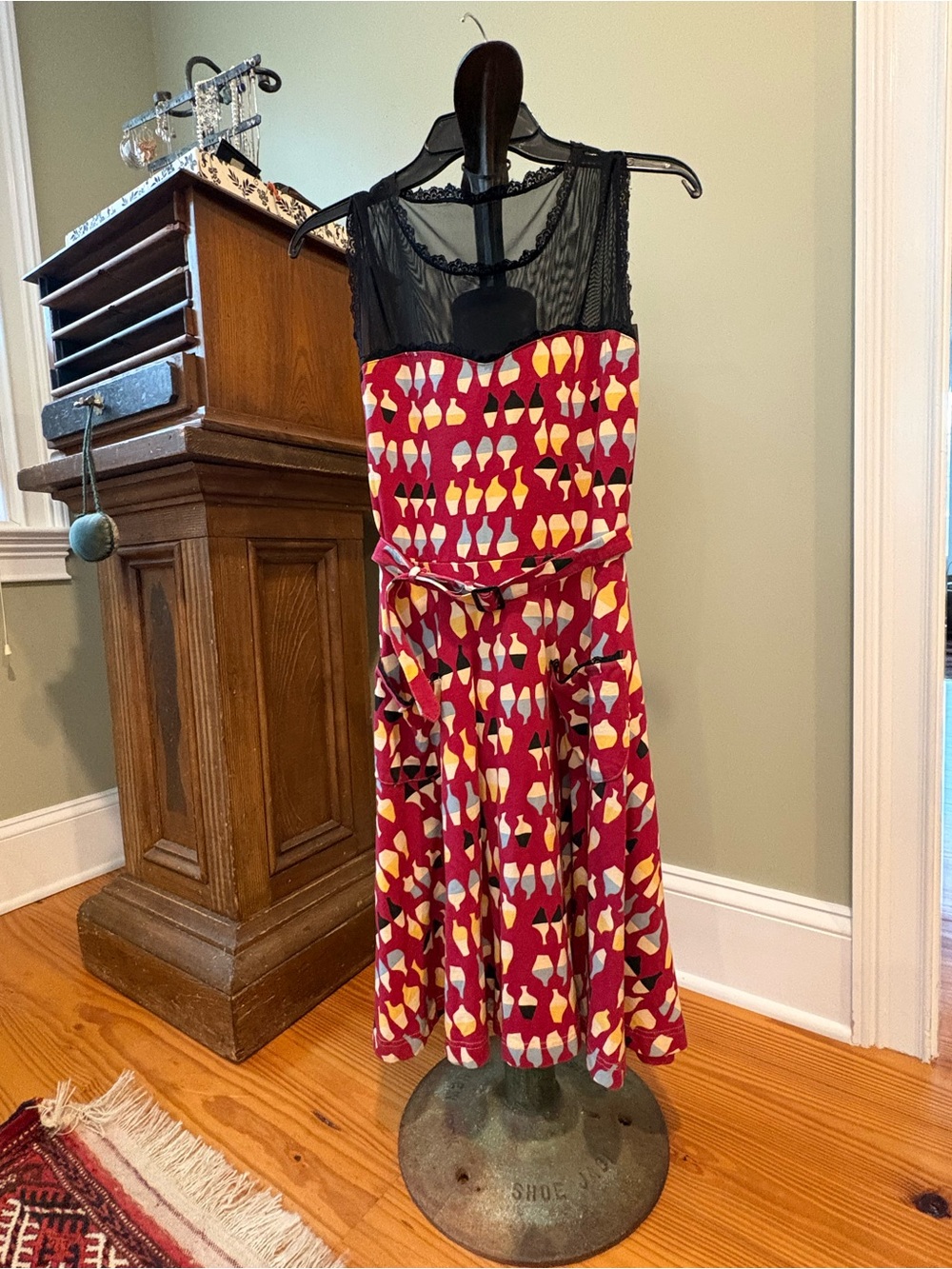 Effie's Heart Red Patterned Midi Dress with Black Mesh Yoke